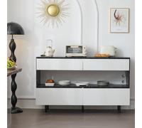 Buffet au design marbre noir avec espace de rangement ouvert, 4 tiroirs et éclairage LED, 150x35x89,5 cm, Blanc＋Noir