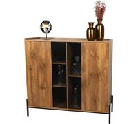 Buffet avec 2 portes à claire-voie et 5 compartiments, collection HELIAS - style rustique, dimensions 118x40x110 cm, couleur chêne foncé et noir.