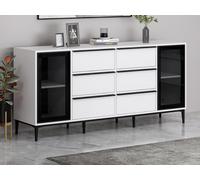 Buffet avec 2 portes en verre trempé et 6 tiroirs - Blanc et noir - MOLINIA