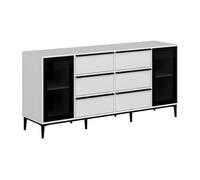 Vente-unique - Buffet avec 2 Portes en Verre trempé et 6 tiroirs - Blanc et Noir - MOLINIA