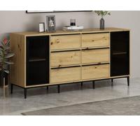 Buffet avec 2 portes en verre trempé et 6 tiroirs - Naturel et noir - MOLINIA