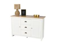 Buffet avec 2 portes et 3 tiroirs design colonial - 119x39,5xH77 cm, coloris blanc et plateau chêne clair - Collection MADERA