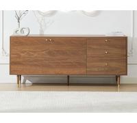 Buffet avec 2 portes et 3 tiroirs placage noyer - Naturel foncé et doré - PARIOMA