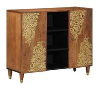 Buffet avec étagère en bois massif de mangue, marron, 90 x 33 x 75 cm, moderne, avec espace de rangement et accents en laiton, pour salon et salle à manger