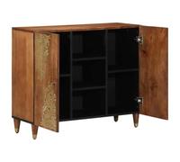 Buffet avec étagère Marron 90 x 33 x 75 cm Bois massif Mango | Pieds en laiton, portes sérigraphiées dorées, étagères réglables, salon, salle à manger