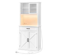 Buffet avec Lumières et Chargeur, avec Portes et Tiroirs, Étagères Réglables, Style Campagne, Blanc Nuage