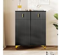 Buffet avec panneaux structurés, armoire de rangement, étagères réglables et accents dorés, meuble à chaussures avec 2 tiroirs (noir, 82 L x 101 H x 35 l)