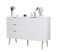 Buffet avec trois tiroirs, espace de rangement caché derrière les portes, aspect structuré, lignes épurées et détails brillants comme point fort pratique pour votre espace de vie (blanc)