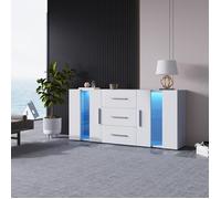 Buffet Bahut 140 x 35 x 70 cm Commode Meuble de rangement avec 3 tiroirs 2 portes et lumières LED pour Salon Cuisine Chambre - Blanc