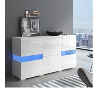 Buffet Bahut - 2 Portes - 4 Tiroirs - Blanc Laqué Brillant - LED - 140 cm - Contemporain