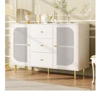 Buffet bahut, 2 portes en rotin, Meuble bas de rangement avec 3 tiroirs, Buffet en bois pour salon, Blanc, 120 x 40 x 90 cm
