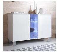 Buffet Bahut 3 portes 2 étagères vitrine LED | 120 x 82 x 40 cm | Couleur Blanc Finition Brillante | Pieds Alu | LUKE A1