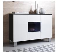 Buffet Bahut 3 portes 2 étagères vitrine LED | 120 x 82 x 40 cm | Couleur Noir et Blanc Finition Brillante | Pieds Alu | LUKE A2