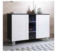 Buffet Bahut 3 portes 2 étagères vitrine LED | 120 x 82 x 40 cm | Couleur Noir et Blanc Finition Brillante | Pieds Alu | LUKE A1