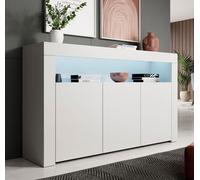 Buffet Bahut 3 portes LED | 155 x 91,5 x 37cm | Couleur Blanc | Finition mate | Rangement | AKER