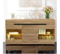 Buffet Bahut de Salon - Buffet bas 140 cm - Bois Naturel - 3 portes et Tiroirs - LED - Rangement