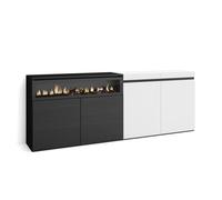 Buffet, Bahut, Enfilade, 200x35x75cm, 4 Portes, 1feu électrique 3d effet led, Blanc et noir, RF2401