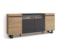 Buffet, Bahut, Enfilade, 200x35x87cm, Meuble de séjour, 1feu électrique, Chêne et noir, RF2291