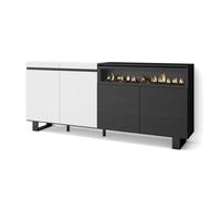 Buffet, Bahut, Enfilade, 200x87x35cm, 4 Portes, 1feu électrique, Design industriel, Blanc et noir, RF2398
