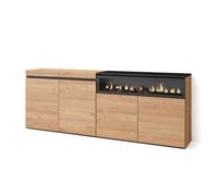 Buffet, Bahut, Enfilade, Meuble de Séjour, 200x35x75cm, 1feu électrique, couleur Chêne et noir, RF2318