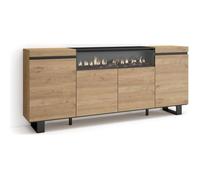 Buffet, Bahut, Enfilade, Meuble de Séjour, 200x35x87cm, 1feu électrique, couleur Chêne et noir, RF2283