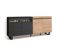 Buffet, Bahut, Enfilade, Meuble de Séjour, 200x35x87cm, 1feu électrique, couleur Chêne et noir, RF2378