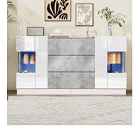 Buffet Bahut Moderne 2 Portes 3 Tiroirs avec LED, Blanc Finition Brillante, Meuble de Rangement, 140x35x75 cm, Buffet Bas Elégant