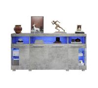 Buffet-Bahut Table d'Appoint 140x40x70cm- Ciment Gris Laqué et Verre Trempé-3 Compartiments Éclairage LED- Meuble Moderne- Rangement