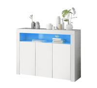 Buffet-Bahut Vitrine Blanc Laqué 130x35x95cm Éclairage LED Télécommandé 3 Portes Meuble Rangement Bois Moderne Pour Salon