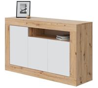 Buffet - BALTIK - Mélaminé 3 portes + 1 niche de rangement - Chêne nodi et blanc artik - L 144x P 44 x H 87 cm