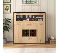 Buffet bar avec range-bouteilles, séparation en verre et LED 16 couleurs, meuble d'entrée, bois naturel, 110x38x111 cm