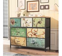 Buffet Bas - 100x30x78cm - 7 Tiroirs Rétro Multi-Motifs Chiffonnier Cabinet Meuble Rangement Cuisine Salle à Manger - Noir