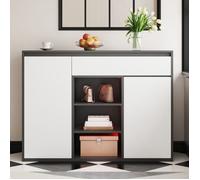 Buffet bas 105 cm de salon, 1 tiroir 2 portes, Meuble à chaussures 17 paires, Etagères réglables, Style moderne, Noir et Blanc