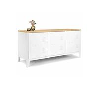IDMarket - Buffet Bas 113 cm Ester 3 Portes métal Blanc Plateau Bois Design Industriel