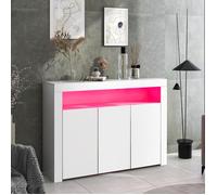 Buffet bas 130 x 35 x 95 cm, 3 portes avec LED pilotable (app + télécommande), panneau de particules 15 mm, blanc laqué