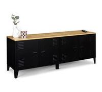 IDMarket - Buffet Bas 140 cm Ester 4 Portes métal Noir et Plateau Bois Design Industriel