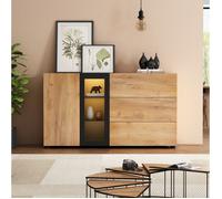 Buffet bas 140 cm marron et noir avec LED RGB, 3 tiroirs, 1 porte et étagères en verre réglables