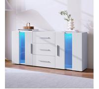 Buffet bas 140x35x70 cm - TKOPY - Bahut avec 16 couleurs de LED - Buffet cuisine moderne avec 2 portes et 3 tiroirs - Blanc
