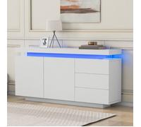 Buffet bas 140x35x72.5cm - TKOPY - Bahut avec LED - Buffet cuisine moderne avec 2 portes et 3 tiroirs - Blanc