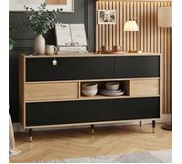 Buffet Bas 140x40x84.5cm - 2 Tiroirs - Niche Ouverte - Portes Rabattables et Latérales - Meuble Rangement PB MDF Noir et Bois