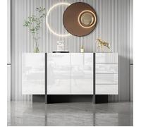 Buffet Bas 150 cm - 2 Portes - 4 Tiroirs - Finition Brillante Blanc