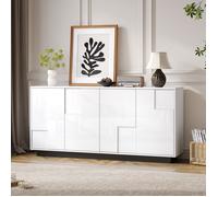 Buffet bas 160 x 37 x 75,5 cm pour salon, 4 portes géométriques laquées, panneau de particules, blanc et noir