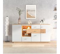 Buffet Bas- 160cm - LED RGB & 4 Tiroirs - Style scandinave, Décor Chêne et Blanc