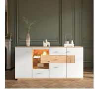 Buffet Bas- 160cm - Meuble de rangement avec LED RGB & 4 Tiroirs - Style scandinave, Décor Chêne et Blanc