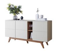 Buffet Bas 3 Portes 7 Niches Blanc et Chêne 5 Pieds Bois L 160 H 80.2 P 44.5 cm - L 160 x l 44.5 x H 80.2 cm