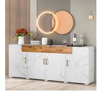 Buffet bas 4 portes - 2 tiroirs - Façon marbre - Blanc marbré - L 208cm