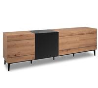 Buffet Bas / Meuble TV NOLA - Décor chêne et noir - 4 portes - L 200 x P 42 x H 65 cm