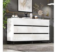 Buffet bas 6 tiroirs design - Meuble rangement moderne avec pieds métalliques, panneau particules, blanc et noir, 140×39,5×78,5 cm