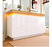Buffet bas 81 x 140 x 39 cm avec LED contrôle tactile et appli 2 portes 3 tiroirs panneau de particules blanc