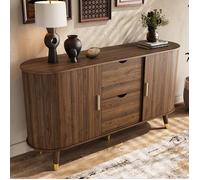 Buffet bas AESVAR noyer 2 portes coulissantes 2 tiroirs coins arrondis pieds en bois massif